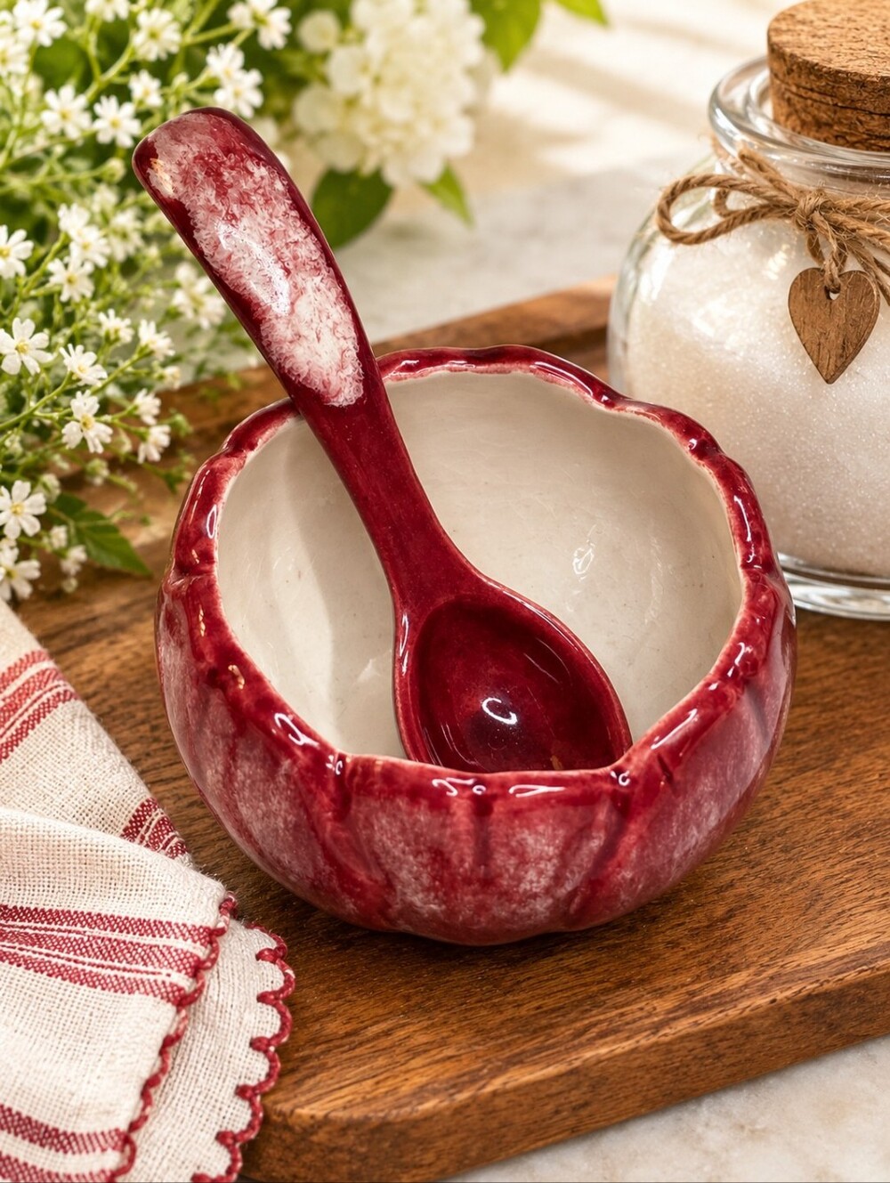 Red Flower Vintage Small Ceramic Sugar Bowl Condiment Serving Dish & Spoon Set